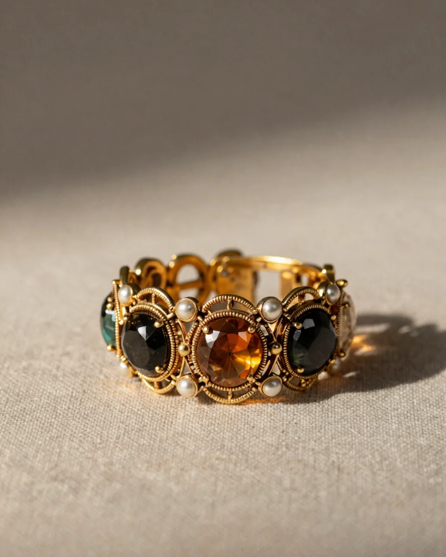 Macro studio photography of ornate gold-toned metal filigree and hand-set stone facets, warm directional spotlight on ne